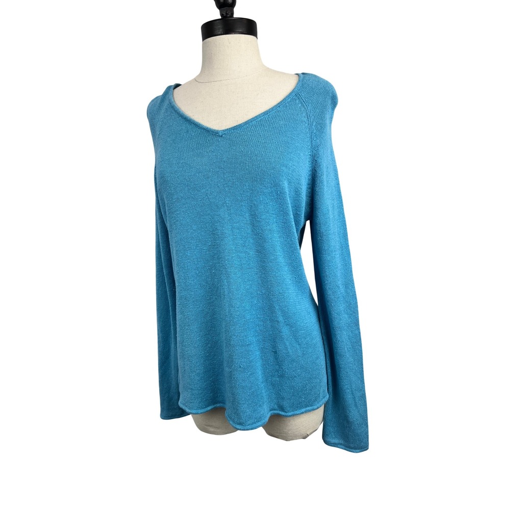 Eileen Fisher Sweater Womens S Blue Excellent V-Neck 100% Linen Raglan Knit‎ Top